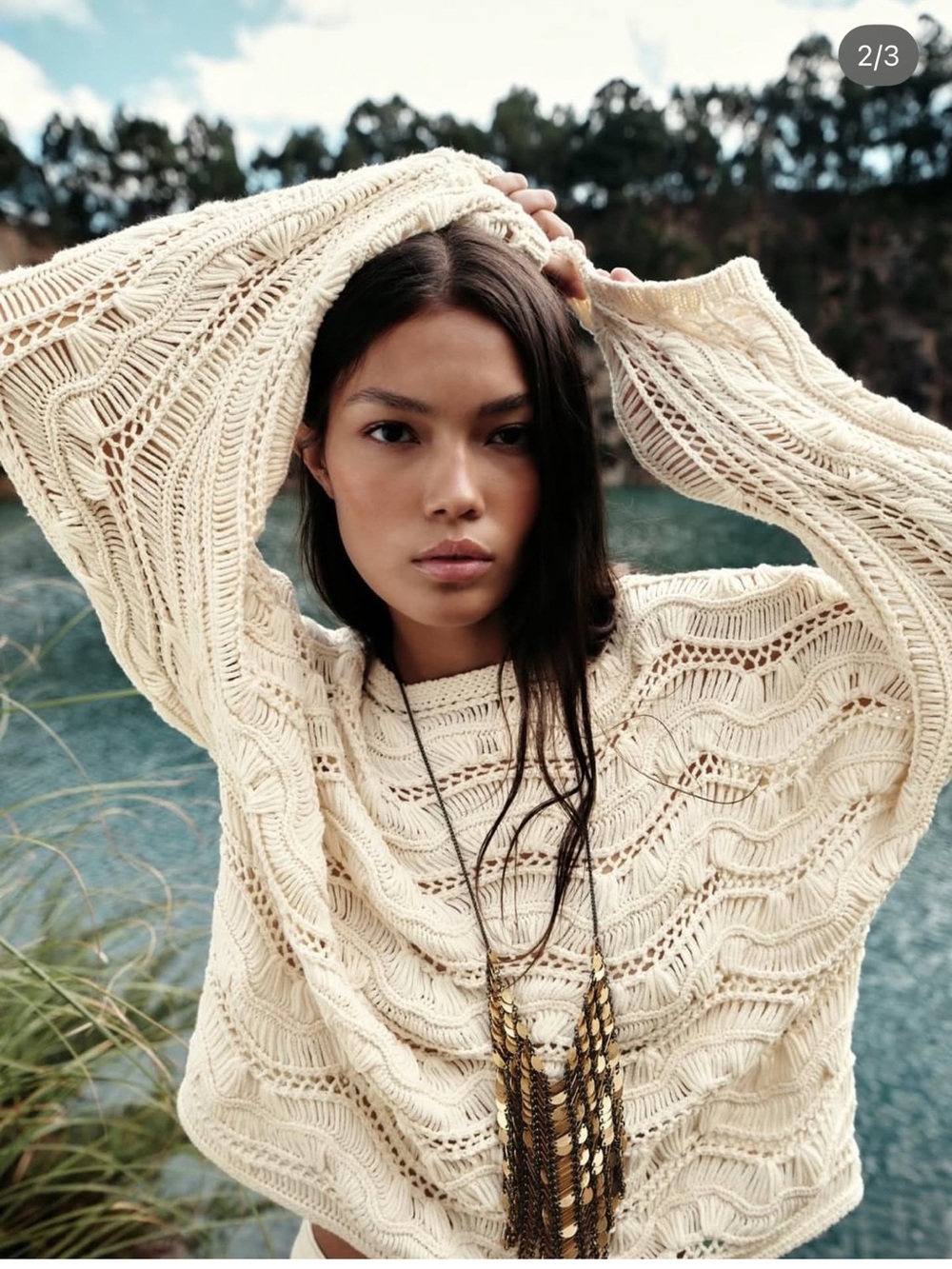 Women's Cream Open-Knit Wave Sweater